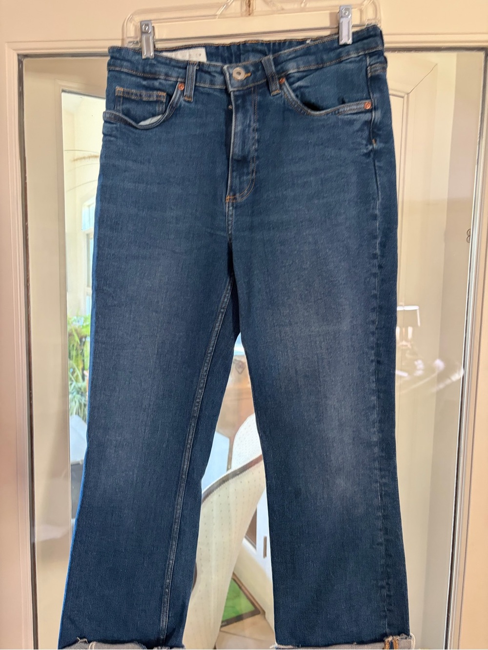 Zara Dark Blue Flared Jeans with Fringed Hem